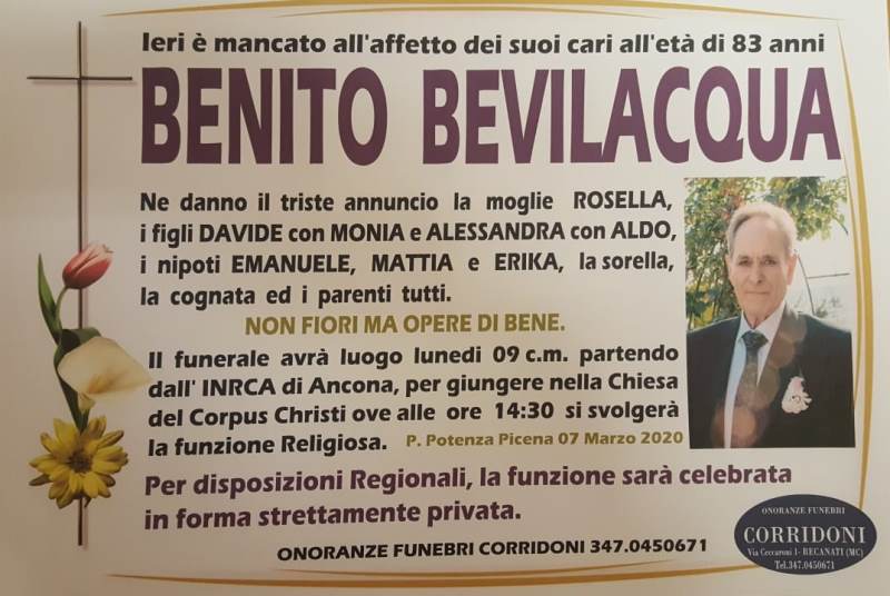 necrologio Benito Bevilacqua