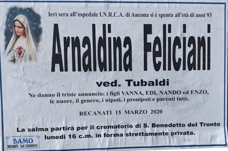 necrologio Feliciano Arnaldina