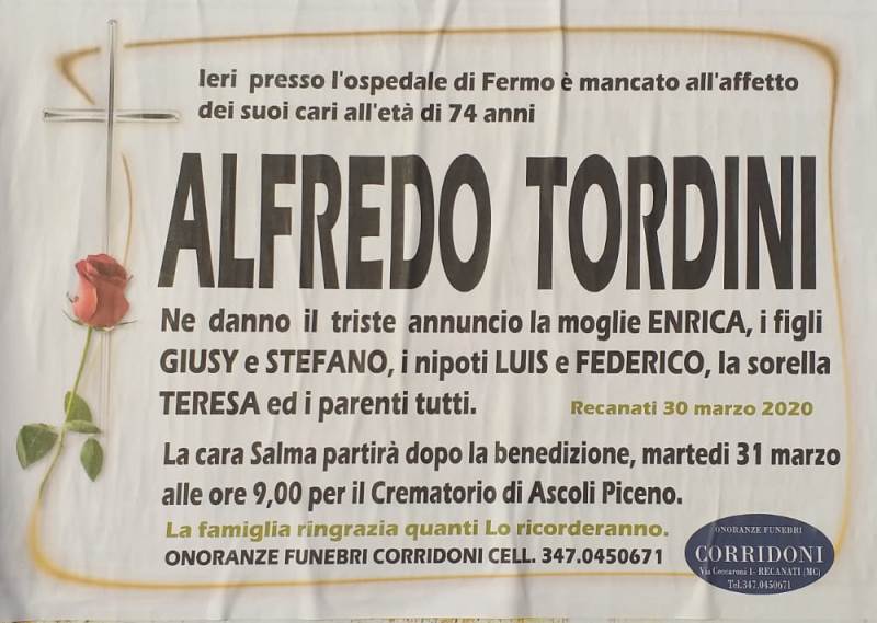 necrologio Alfredo Tordini