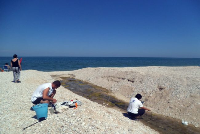 Volontari della Goletta Verde al lavoro sulle rive della foce del fiume Musone